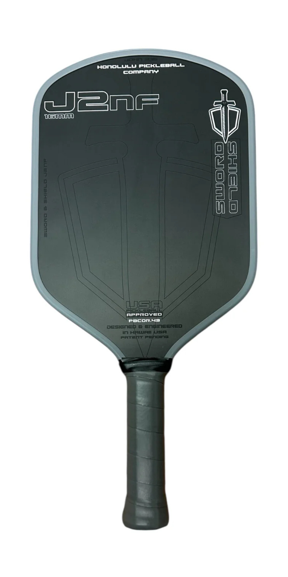 Honolulu J2NF Long Handle pickleball paddle front view – carbon fiber CFC face 16mm aero hybrid shape with 6" extended grip