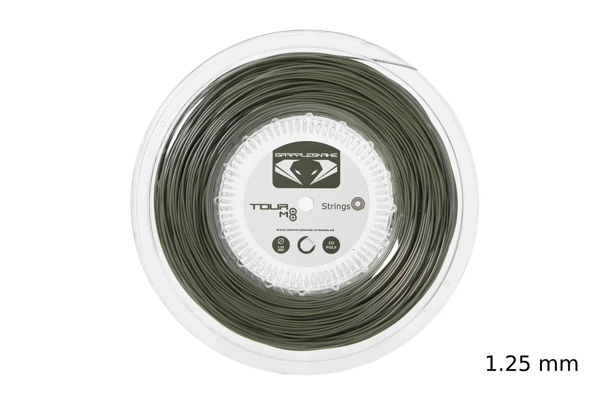 Grapplesnake Tour M8 17 1.25 tennis string reel 660ft front view – olive green octagonal co-poly bulk pack