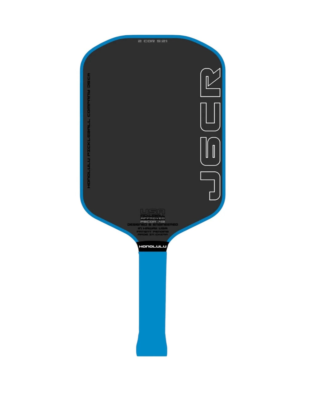Honolulu J6CR pickleball paddle front view – elongated shape carbon fiber face 16mm power profile