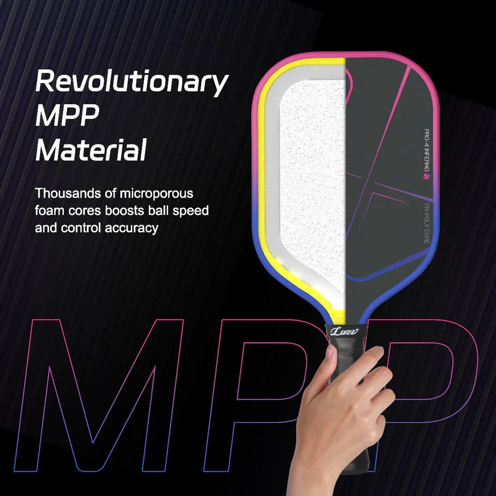 Close-up of textured carbon surface on LUZZ Darkness Inferno paddle – gritty spin and durable detail