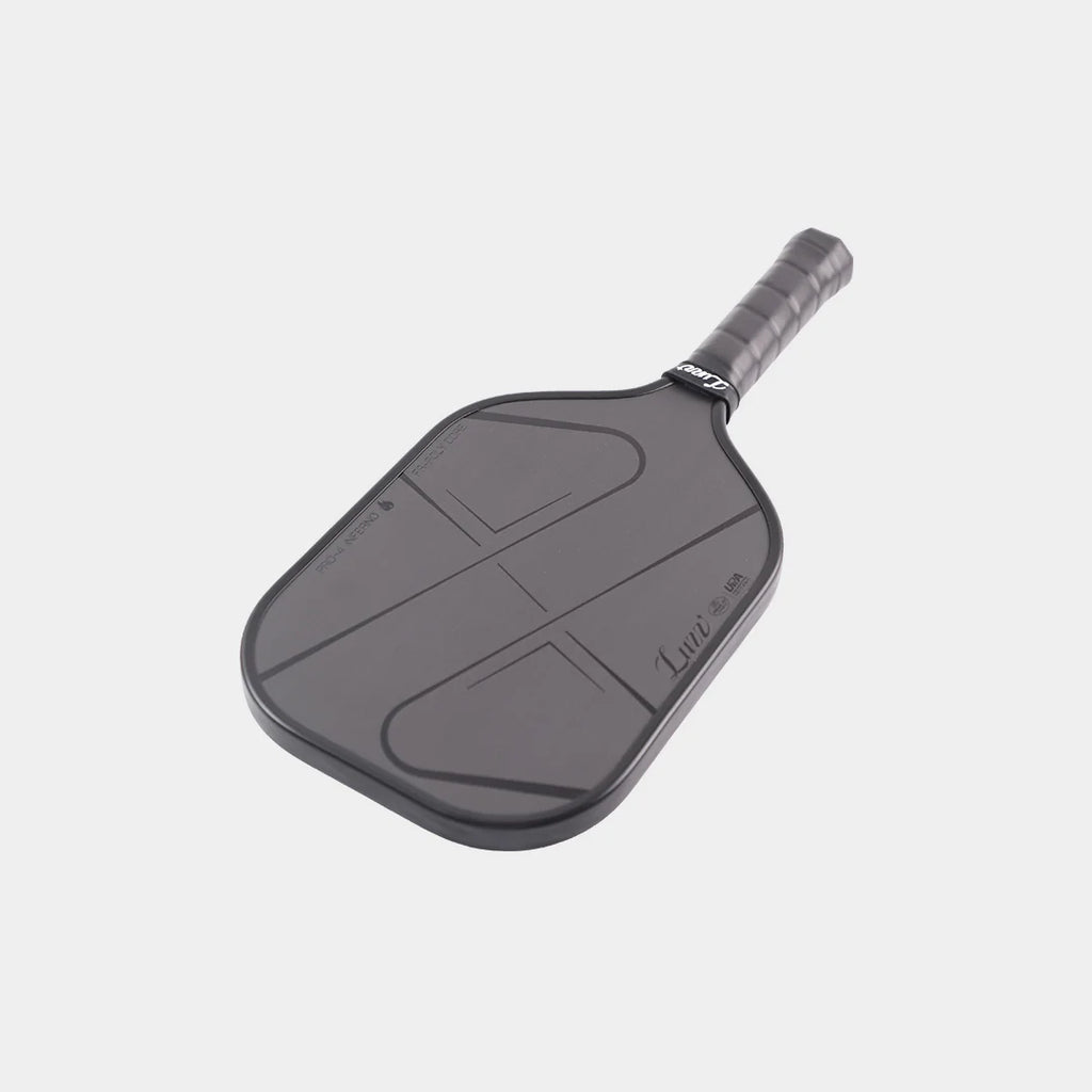 Side angle of LUZZ Pro 4 Darkness Inferno 16mm paddle showing elongated shape and grip